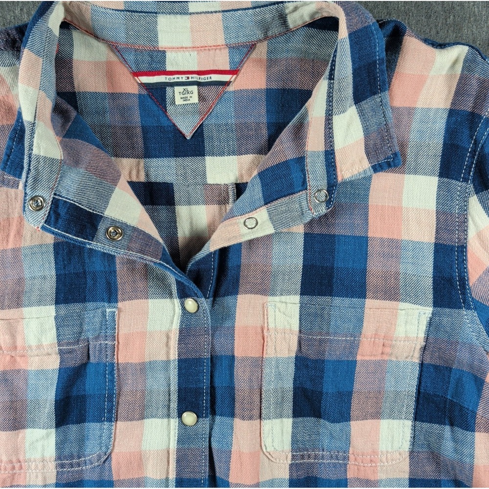 TOMMY HILFIGER  Western Pearl Snap LS Button Up Plaid‎ Shirt XLT Pink Blue White